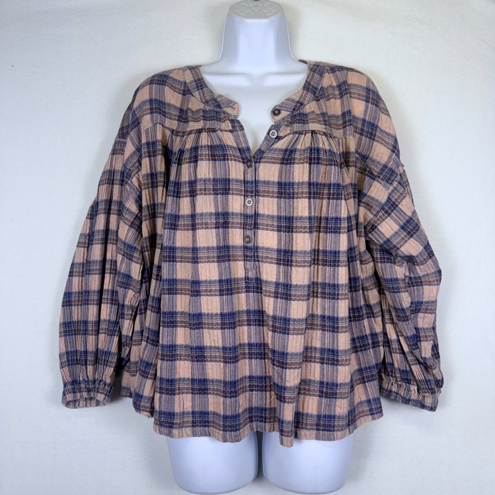 We The Free People Plaid Jessi Blouse Oversized Gauzy Balloon Boho Top M Grunge - Picture 2 of 8
